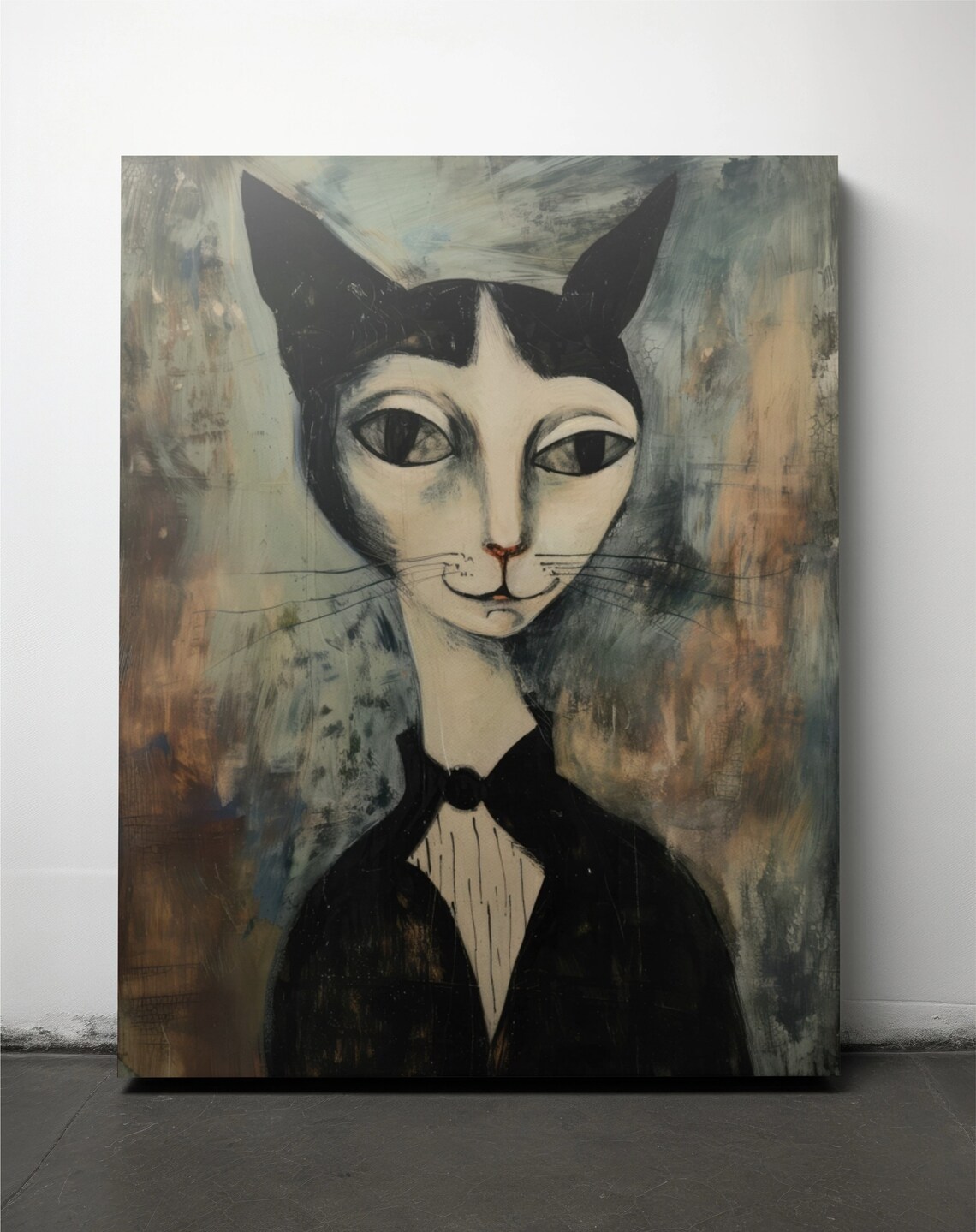 Whimsical Black Cat Portrait Moody Expressive Oil Painting Print - Image 3