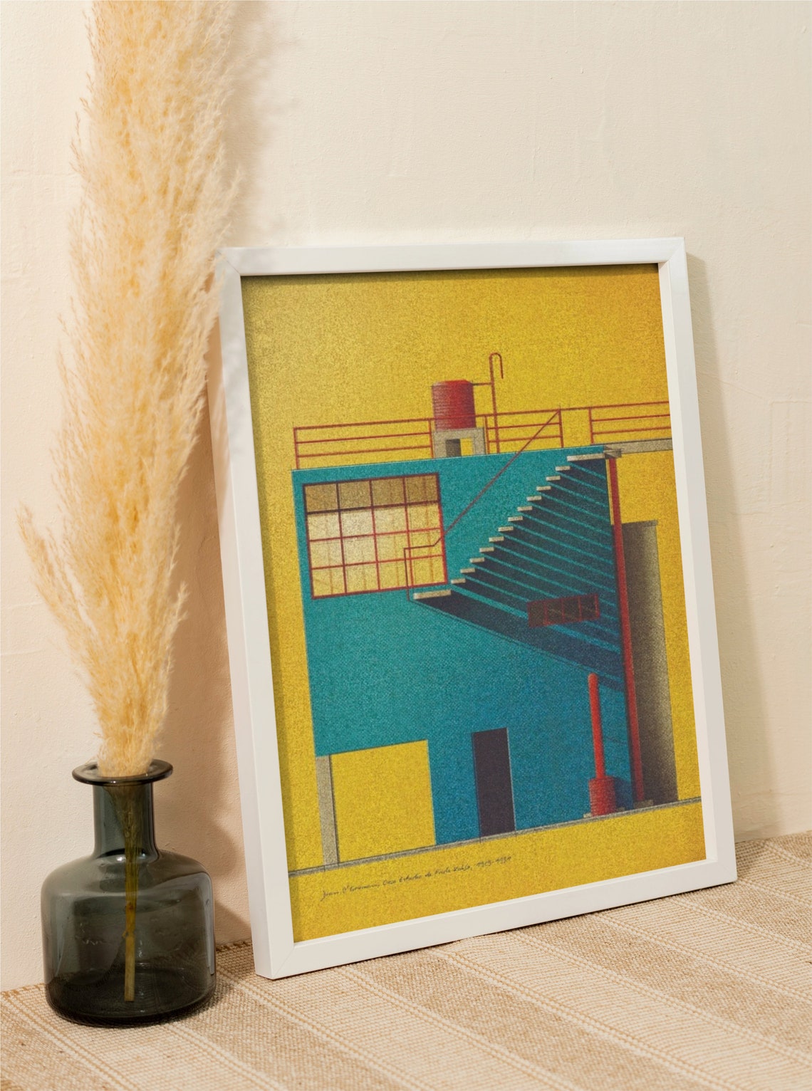 Teal And Yellow Geometric House With Staircase Architecture Poster - Image 2