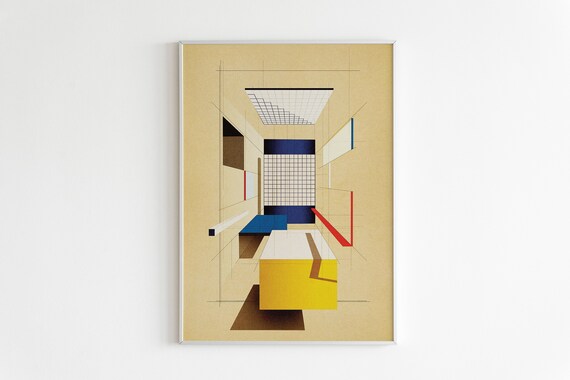 Bauhaus Geometric Architecture Yellow Blue Abstract Composition Art Poster