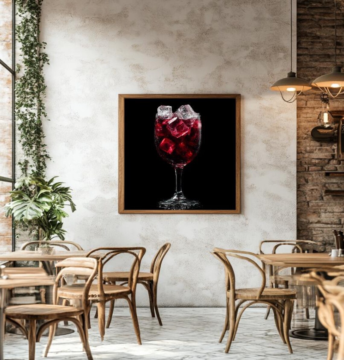 Red Wine Glass with Ice Cubes on Black Background Bar Art Poster