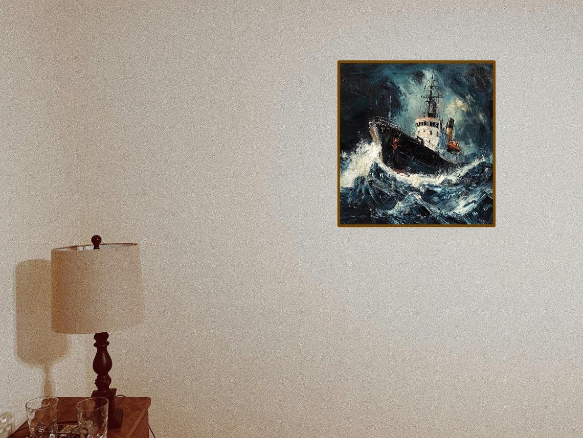 Tall Ship Battling Stormy Ocean Waves Dark Nautical Painting Poster