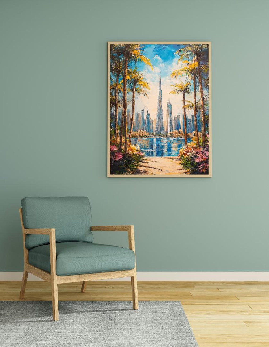 Dubai Burj Khalifa Through Palm Trees Cityscape Oil Painting Poster