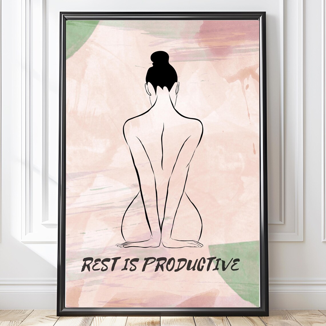 Rest Is Productive Minimalist Line Drawing Woman Pastel Pink Quote Poster