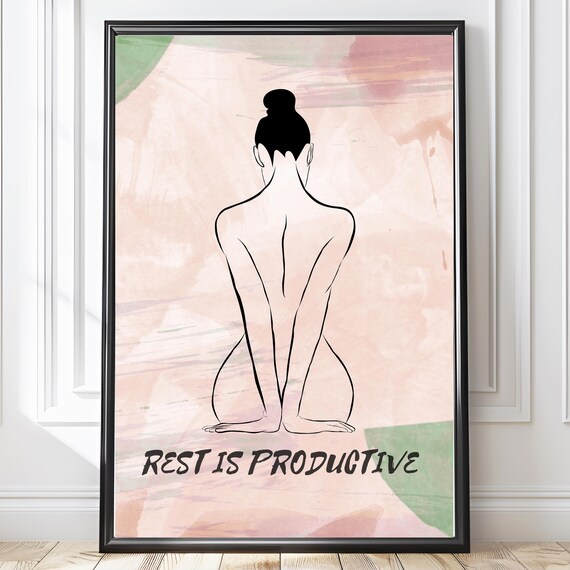 Rest Is Productive Minimalist Line Drawing Woman Pastel Pink Quote Poster