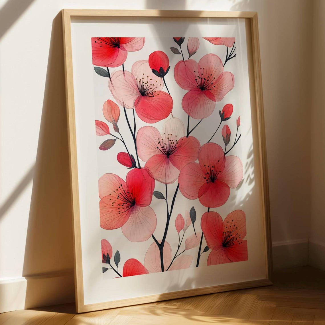 Cherry Blossom Wall Art Elegant Floral Pattern Botanical Watercolor Print