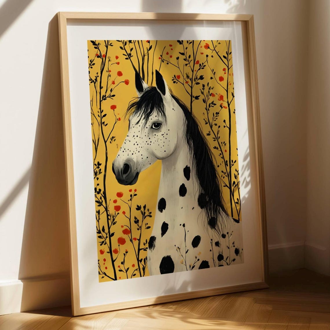 Spotted White Horse Mustard Yellow Folk Art Equestrian Print