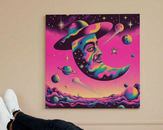 Psychedelic Moon Face Space Planets Neon Pink Surreal Art Poster