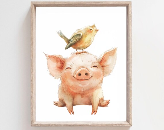 Happy Pink Pig With Bird On Head Watercolor Farm Animal Nursery Kids Poster
