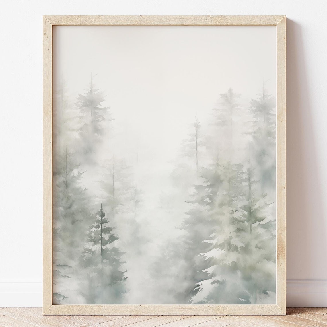 White Misty Pines Foggy Forest Watercolor Minimalist Winter Poster
