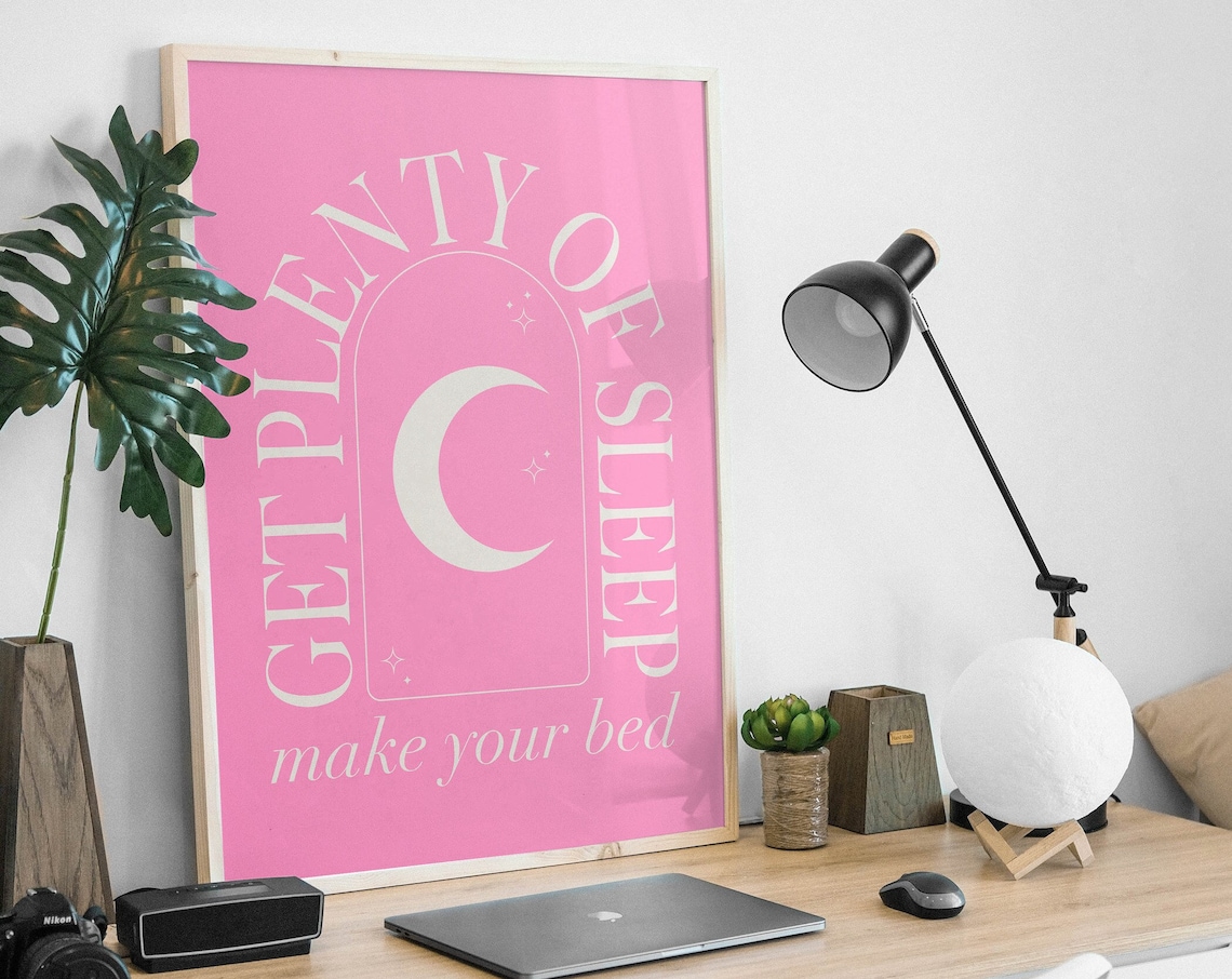 Get Plenty Of Sleep Pink Boho Bedroom Quote Poster With Moon Art