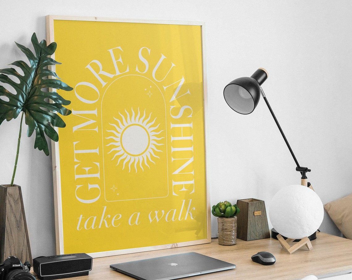 Get More Sunshine Art Positive Inspirational Quote Wall Art Yellow Boho Dorm Poster Cute Trendy Wall Art