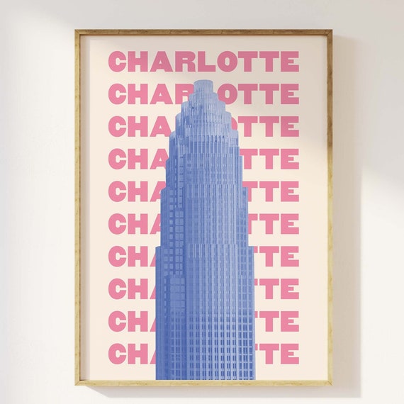 Charlotte Travel Print Art Pink Blue Charlotte North Carolina Print Cute Trendy Wall Art Travel Art Poster