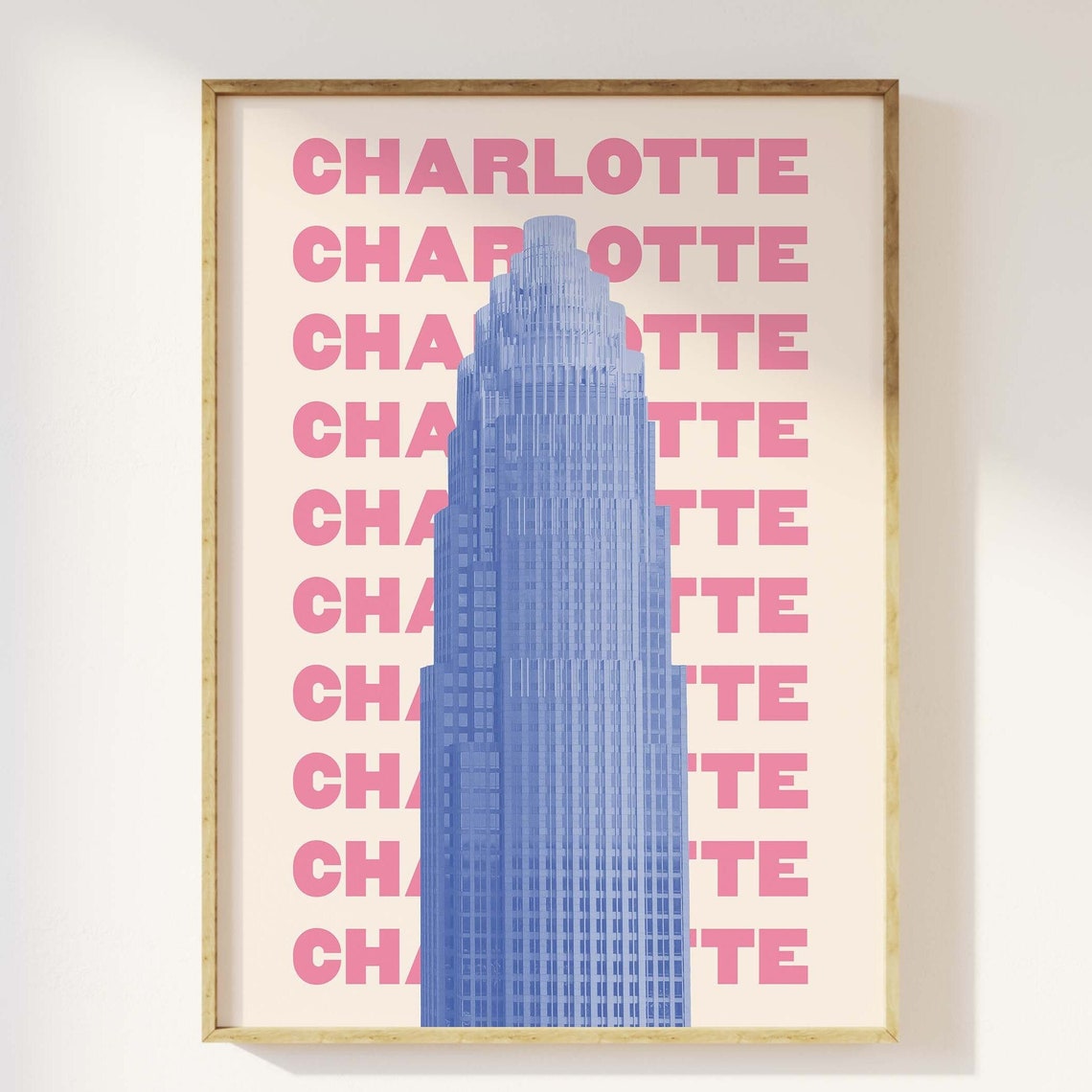 Charlotte North Carolina Pink Blue Retro Travel Typography Poster