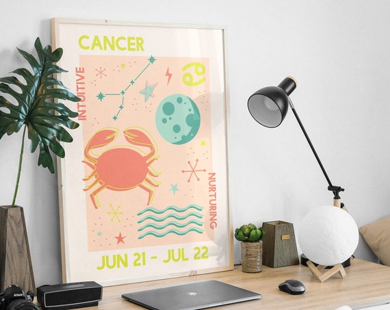 Cancer Zodiac Print Art Trendy Astrology Poster Orange Retro Wall Art Star Sign Art Print Cute Trendy Wall Art