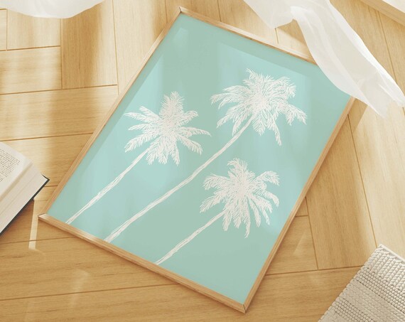 Mint Palm Trees White Line Sketch Tropical Summer Beach Poster