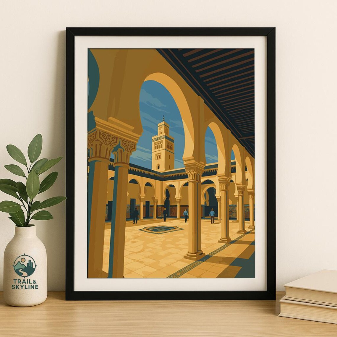 Marrakesh Mosque Courtyard Moorish Arches Minaret Morocco Travel Poster
