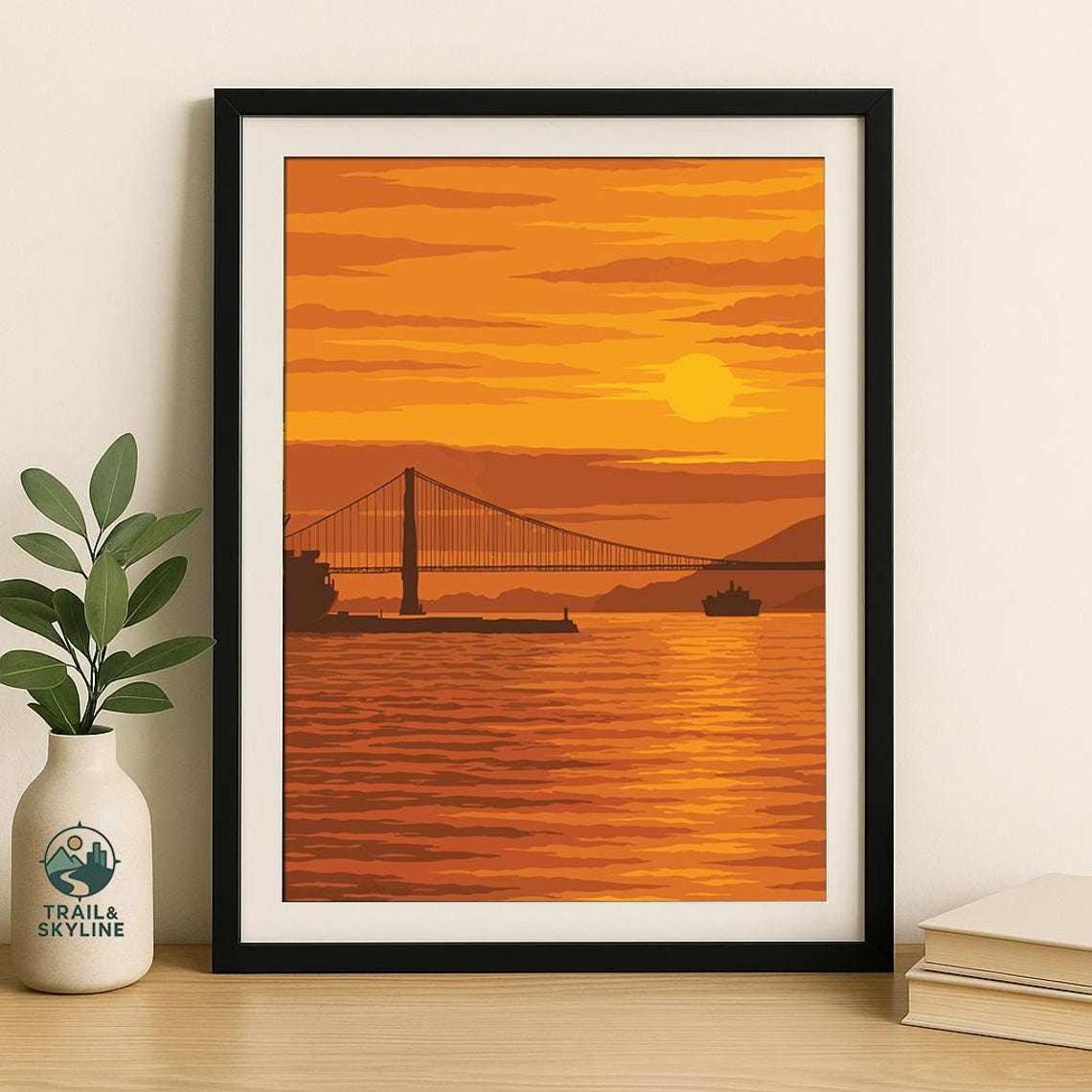 Golden Gate Bridge Sunset San Francisco Bay Orange Sky Travel Poster