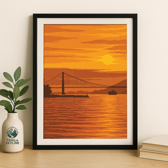Golden Gate Bridge Sunset San Francisco Bay Orange Sky Travel Poster