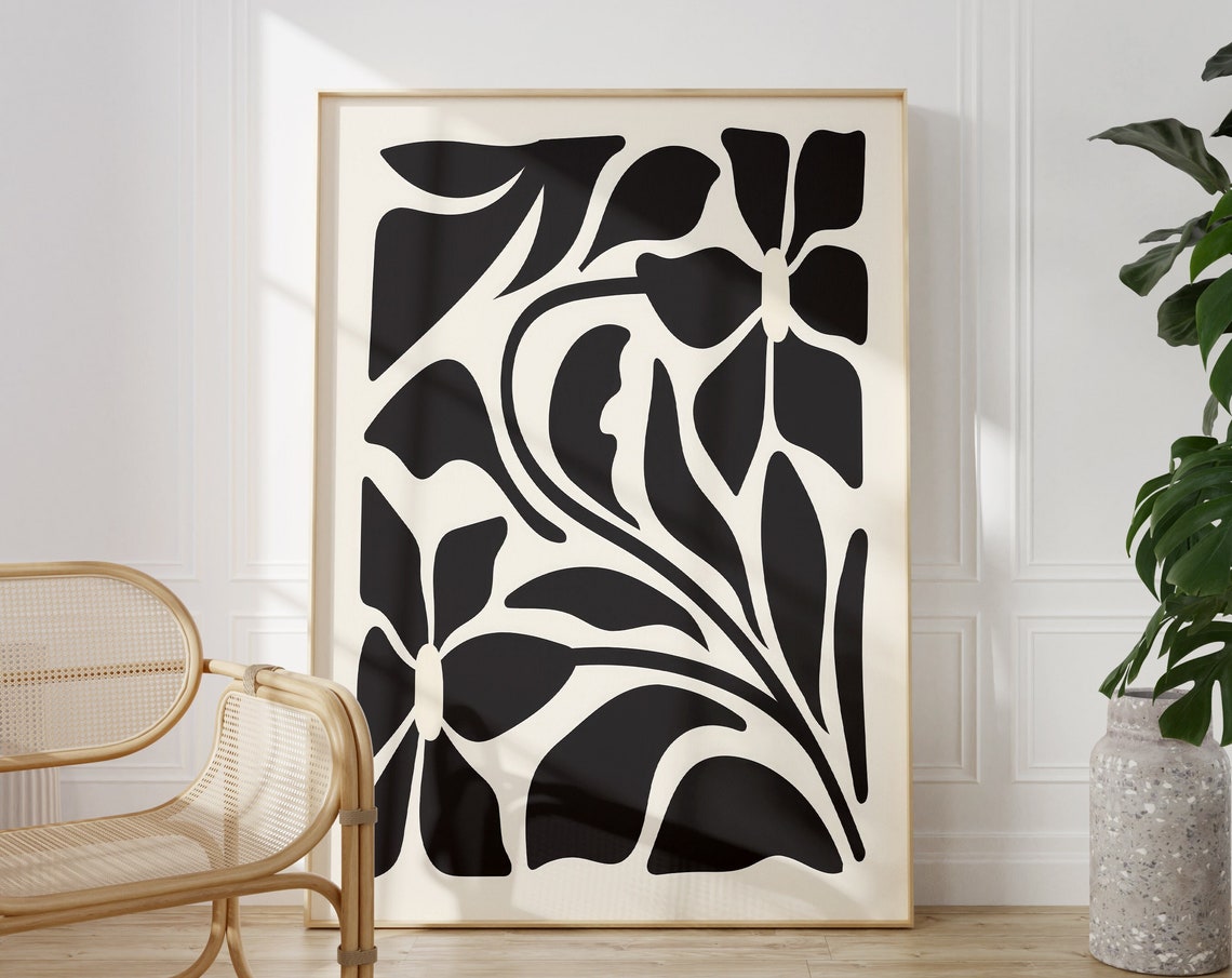 Black and White Abstract Floral Boho Organic Design Wall Poster