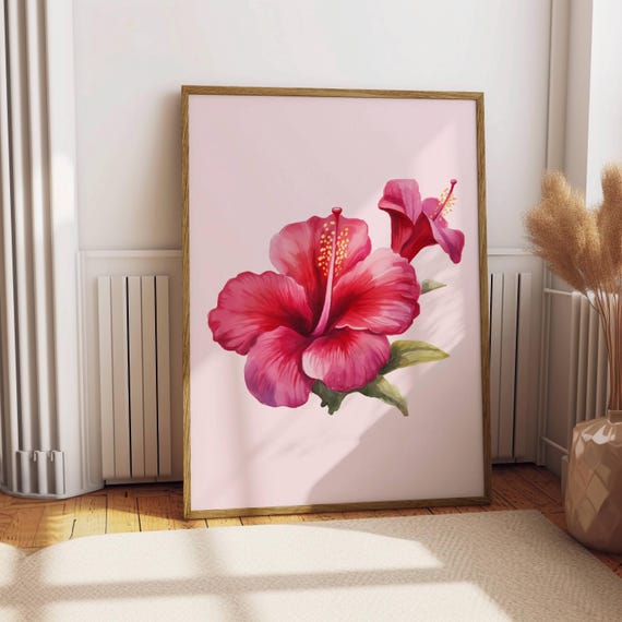 Hibiscus Flower Hawaiian Aloha Wall Art Print Poster Decor Funky Retro Preppy Room Decor Pink Hawaii Decor Instant