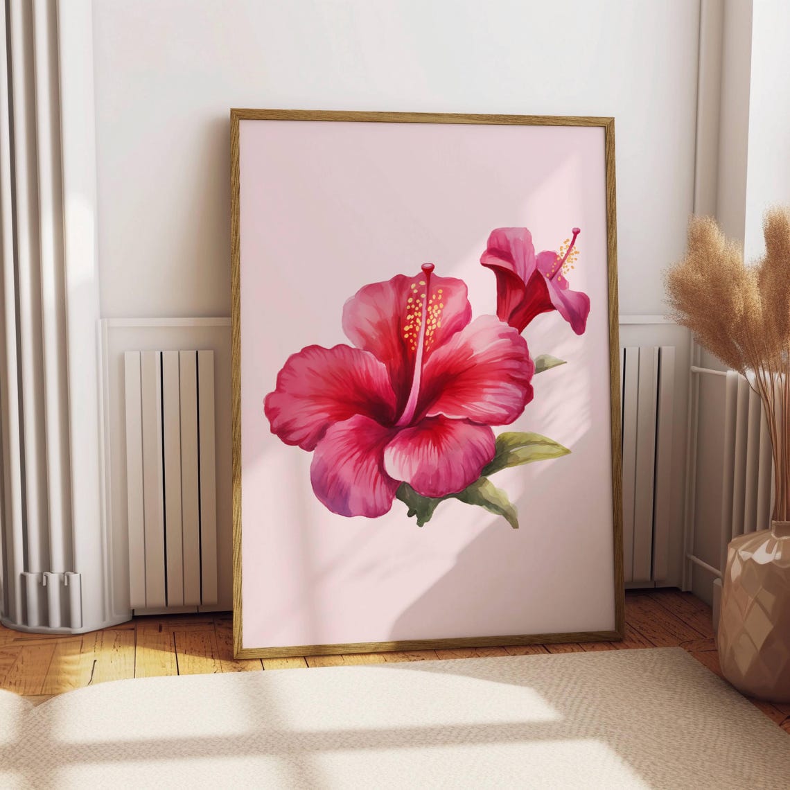 Red Hibiscus Bloom Watercolor Soft Pink Background Tropical Print