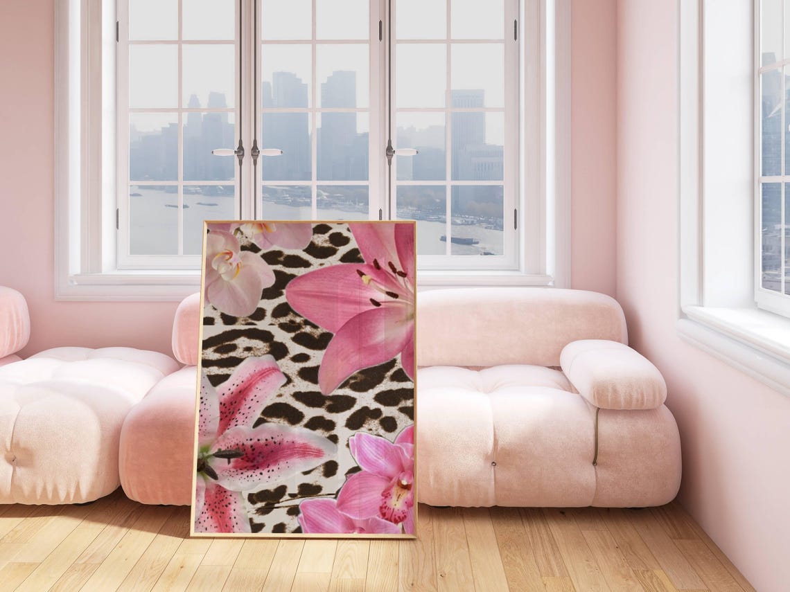 Pink Lilies Orchids Leopard Bold Maximalist Funky Floral Poster