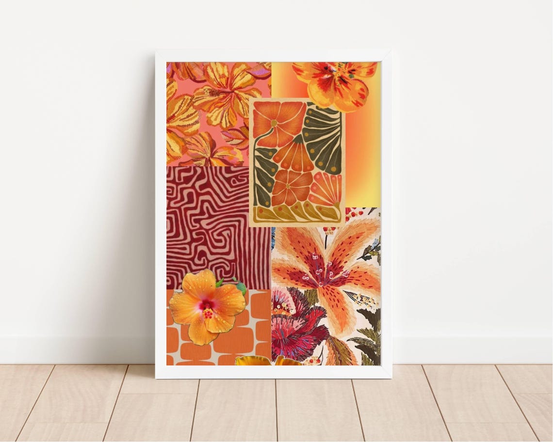 Orange Hibiscus Collage Maximalist Tropical Flower Patchwork Wall Art - Image 2