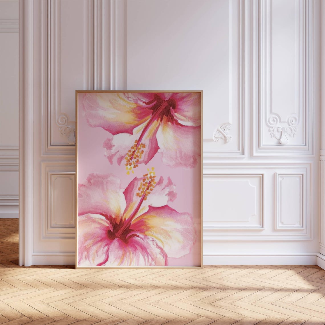 Pink Hibiscus Pair Large Bloom Watercolor Tropical Floral Wall Art - Image 2