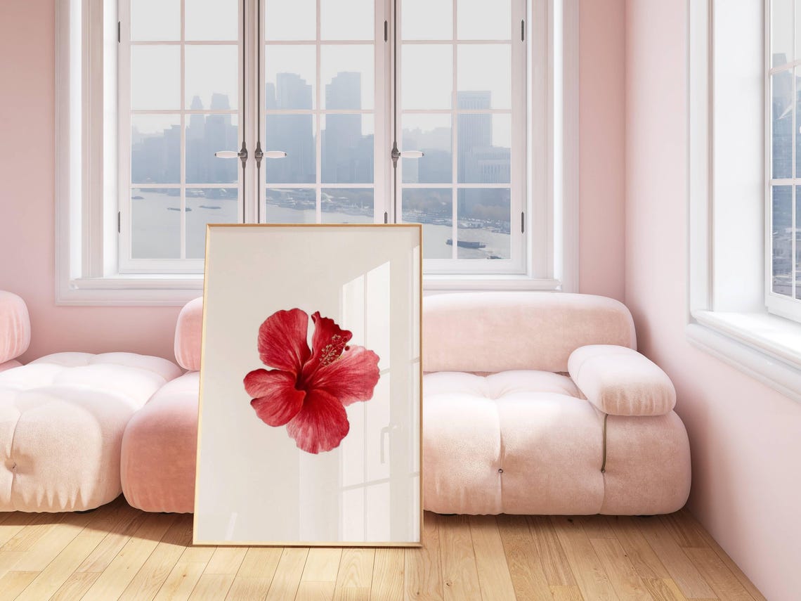 Red Hibiscus Flower Single Bloom Minimalist Botanical Art Print Poster