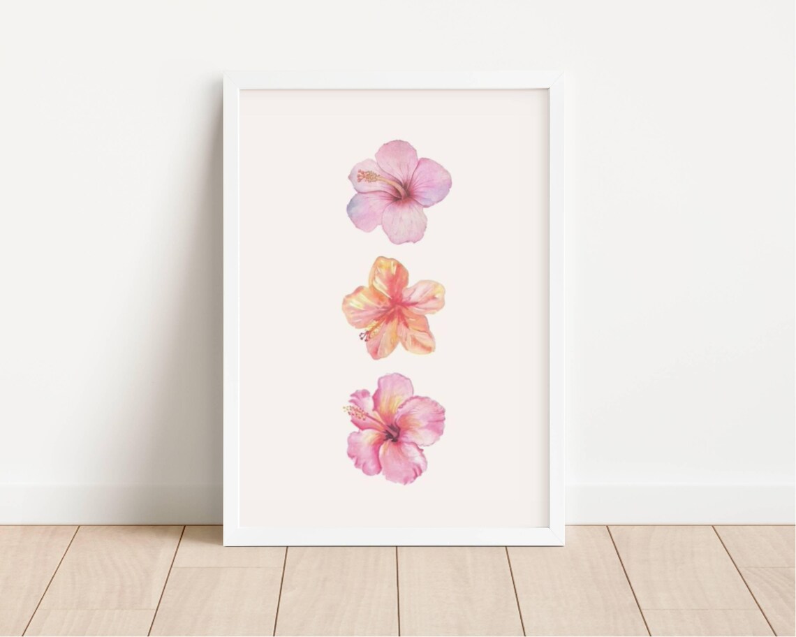 Hibiscus Watercolor Trio Vertical Blooms Pink Orange Minimalist Print - Image 2