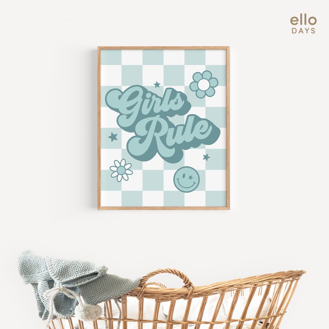 Girls Rule Retro Blue Script Daisy Checkerboard Teen Room Poster - Image 3