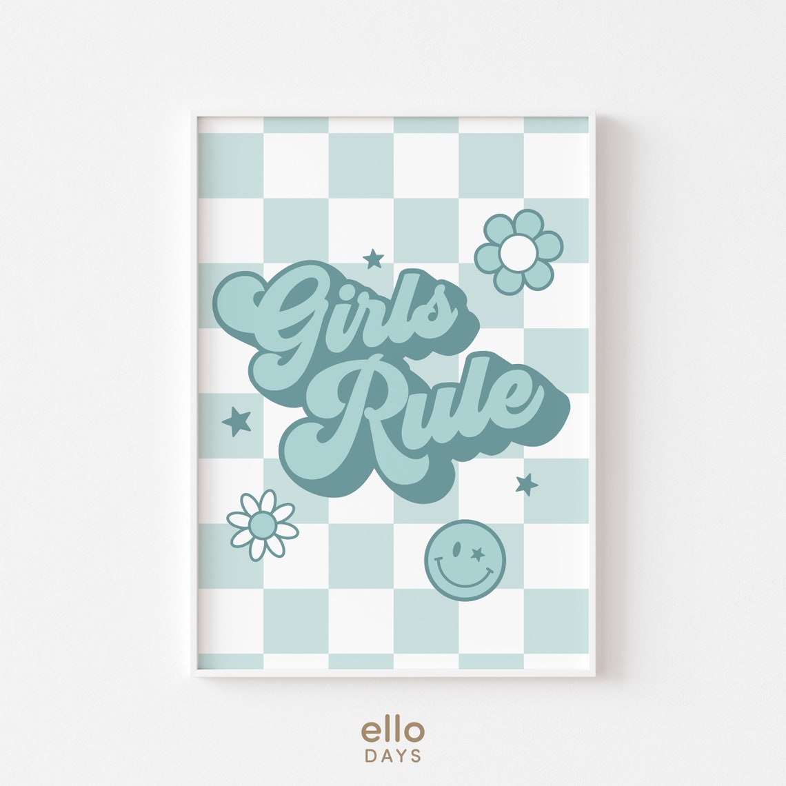 Girls Rule Retro Blue Script Daisy Checkerboard Teen Room Poster - Image 2