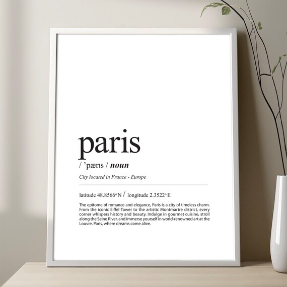 Paris Definition Print City Poster Travel Wall Minimalist France Decor