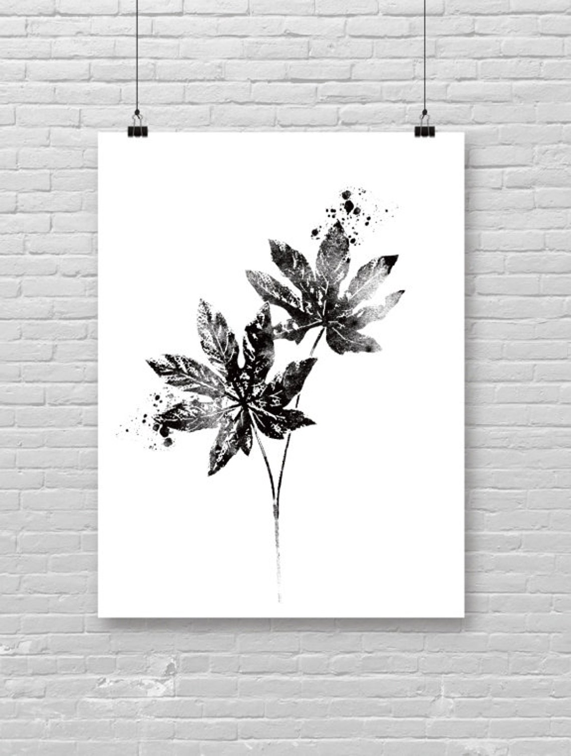 Black and White Ink Splatter Leaves Minimal Botanical Poster