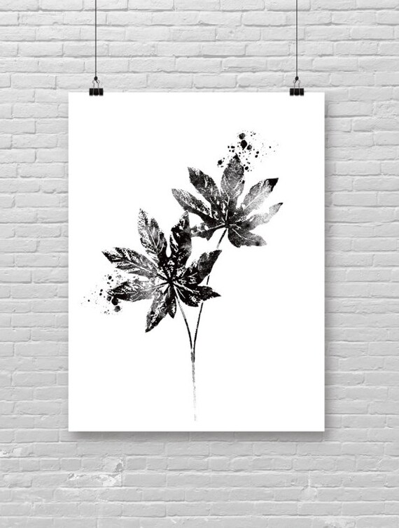Black and White Ink Splatter Leaves Minimal Botanical Poster