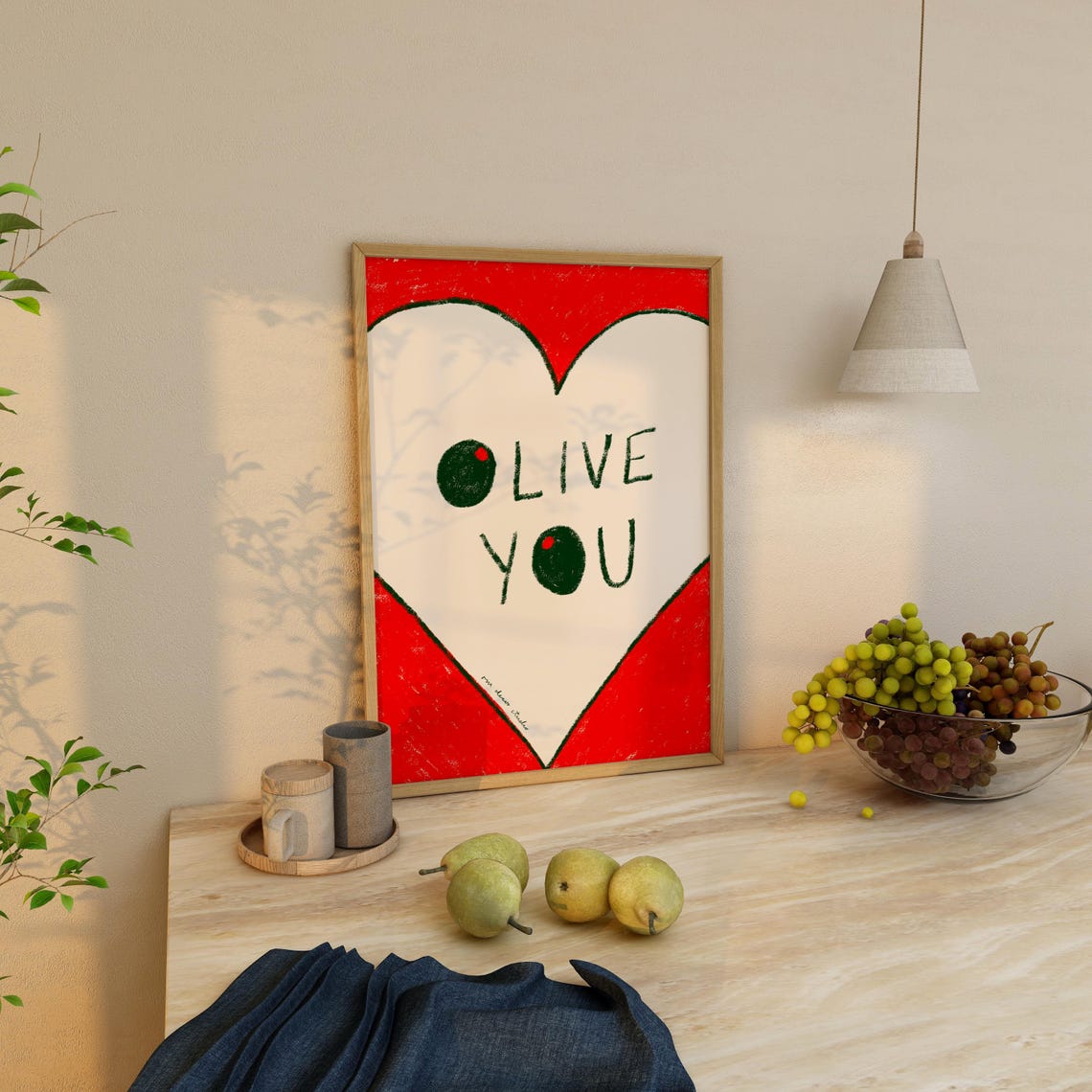 Olive You Red Heart Wordplay Cute Olive Pun Kitchen Art Poster