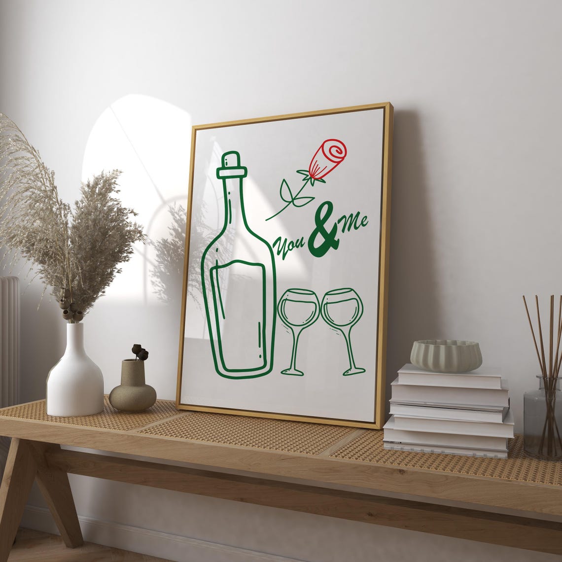 You and Me Wine Bottle and Two Glasses Hand Drawn Date Night Poster