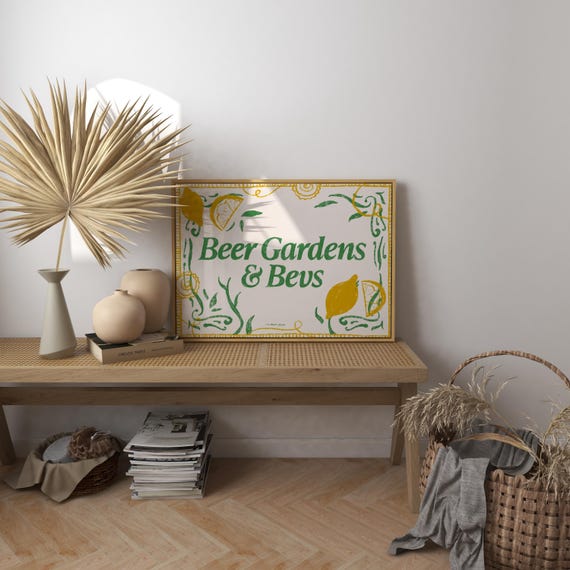 Beer Gardens And Bevs Art Print Poster Vintage Trendy Retro Flower Illustration Mid Century Modern Kitchen Wall
