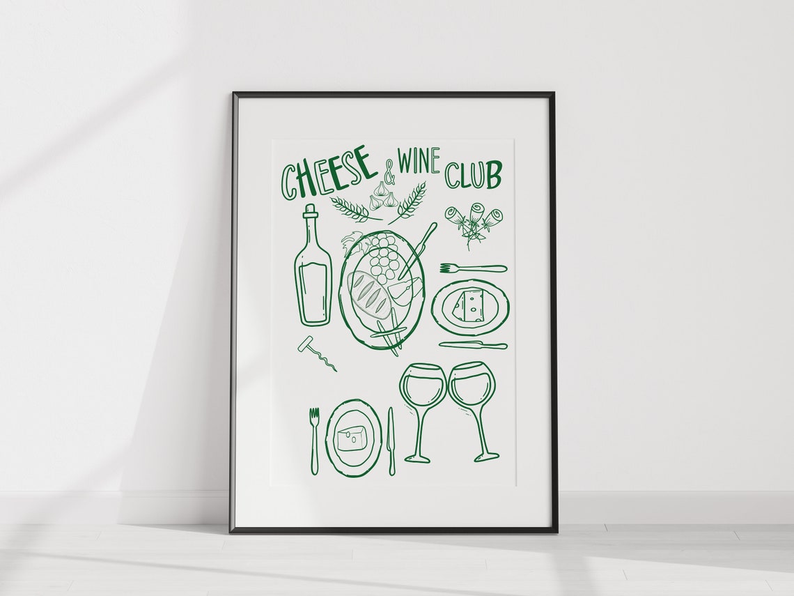 Cheese And Wine Club Green Line Drawing Dinner Table Art Poster