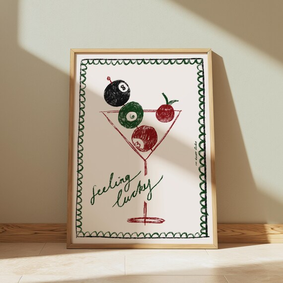 Feeling Lucky Pool Ball Art Print Poster Vintage Food Trendy Retro Drink Illustration Modern Kitchen Wall