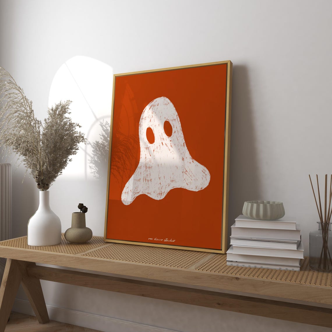 Minimalist Ghost Halloween Art Burnt Orange Background Spooky Poster