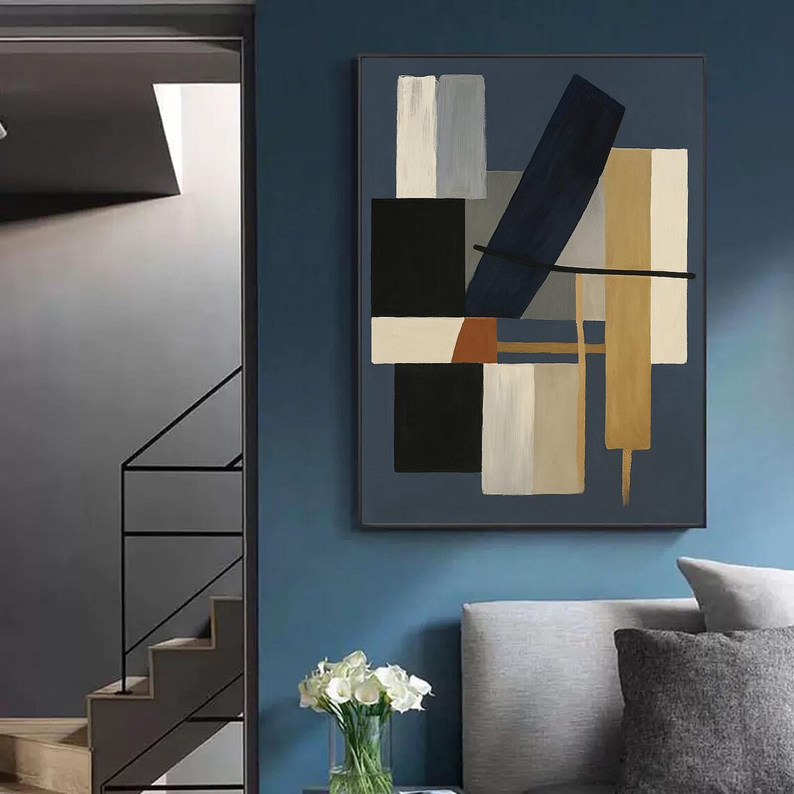 Blue Geometric Abstract Painting, Minimalist Shapes - Image 3