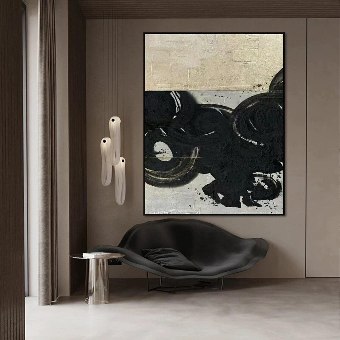 Black And Beige Abstract Texture Painting, Japandi - Image 4