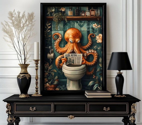 Funny Bathroom Octopus Poster Animal On Toilet Wall Art Gag Gift For Guest Quirky Decor White Elephant 228