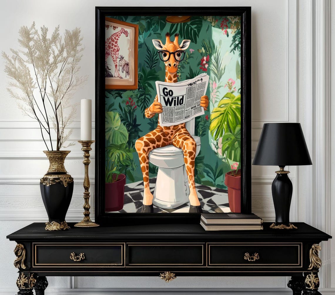 Giraffe with Glasses Reading Go Wild Newspaper Funny Bathroom Poster