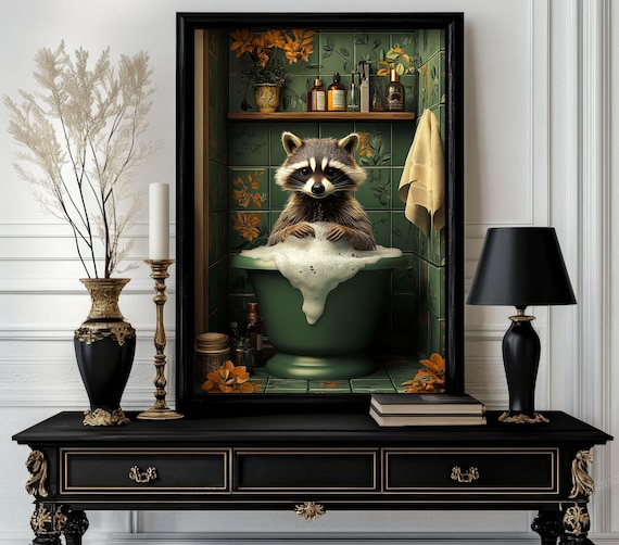 Funny Bathroom Raccoon Poster Animal On Toilet Wall Art Gag Gift For Guest Quirky Decor White Elephant 275