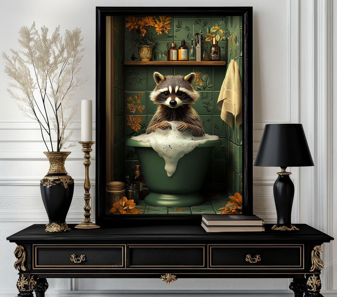 Raccoon in Bubble Bath Vintage Green Tiles Funny Bathroom Poster