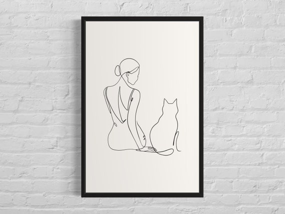Woman Sitting With Cat Line Art, Minimalist Print