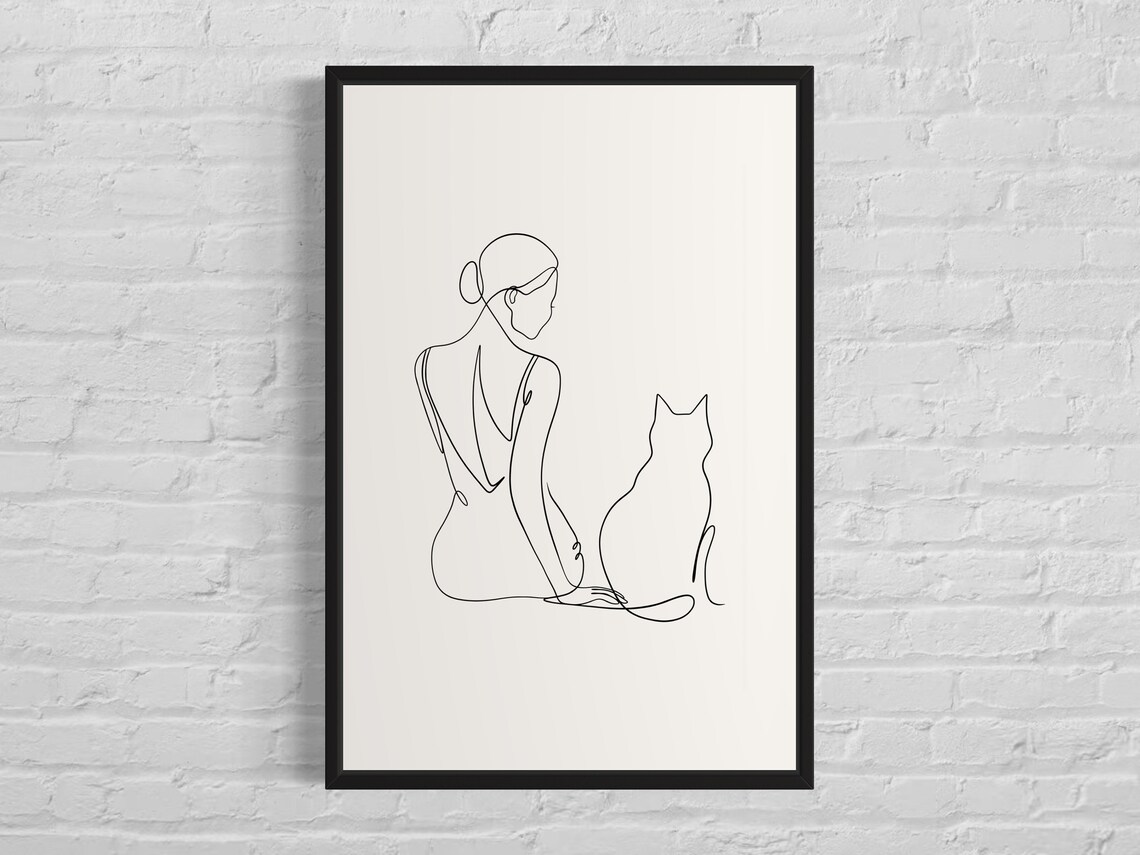 Woman Sitting With Cat Line Art, Minimalist Print