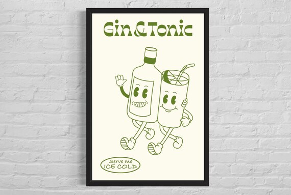 Gin and Tonic Retro Mascot Cocktail Kitchen Bar Art Decor Poster